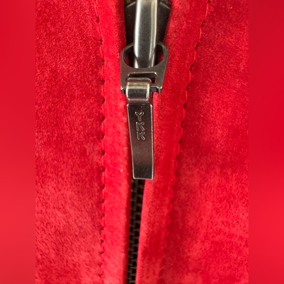 Chicos Red Suede Leather, Lined, Zip Front with Pockets Women's Jacket - Picture 8 of 10